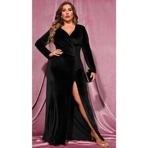 4322) Faeristy Black Velvet Elegant V Neck Long Sleeve Slit Maxi Dress 1XL